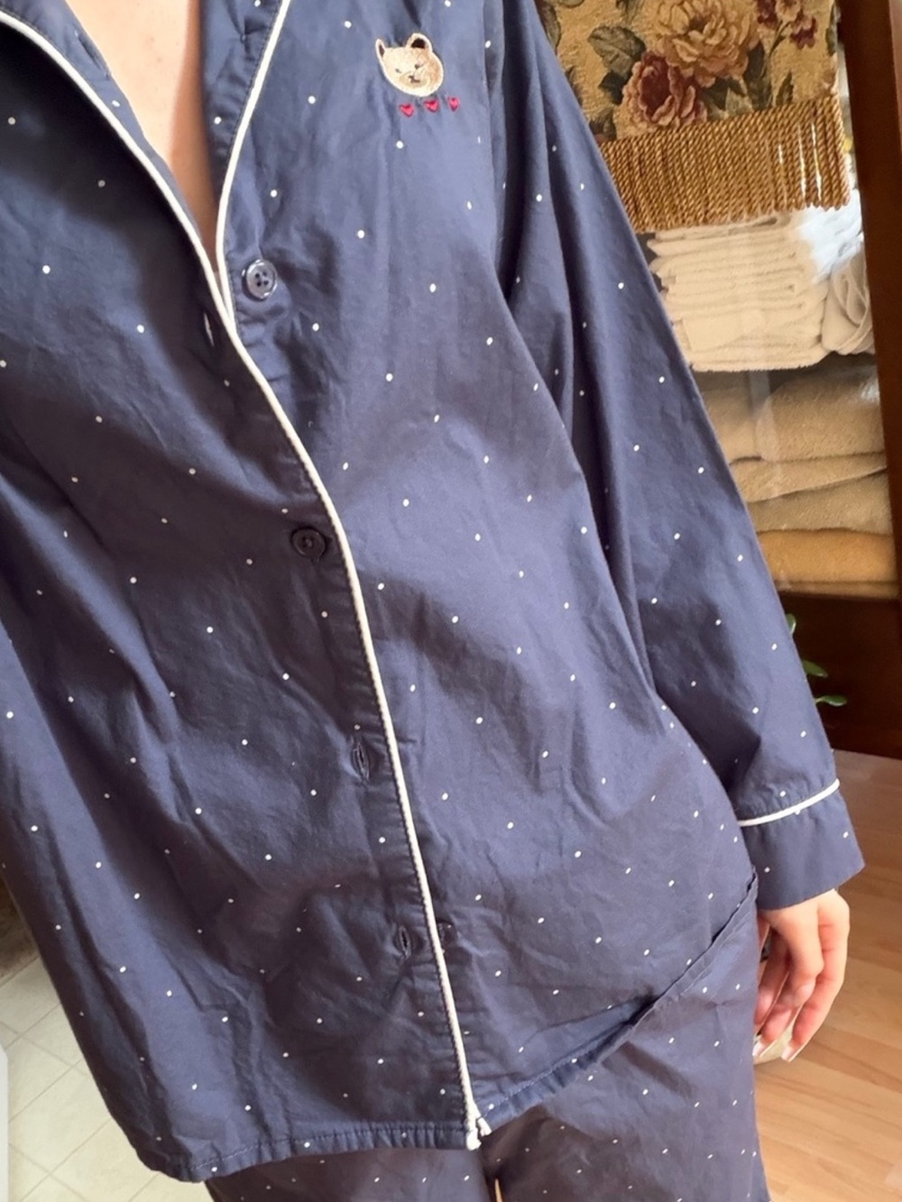 🧸100% Cotton Japanese Pajama Set ~ Polkadots with Embroidered Bear & Hearts 💕